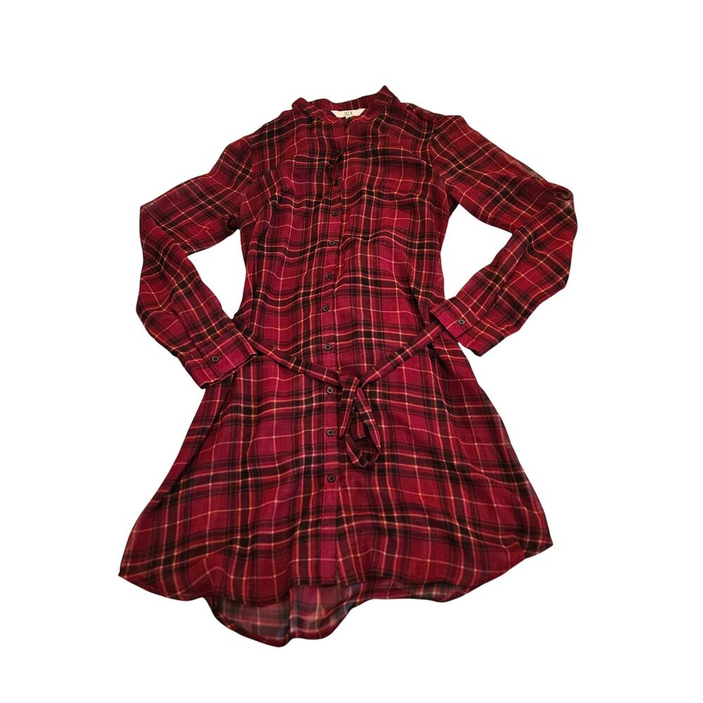 JACK Plaid Sheer Shirt Dress Women's XS Red Long Sleeve Button Front Belted